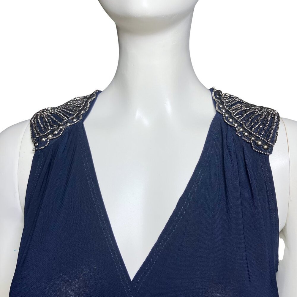 Vintage Y2K Navy Blue Beaded Cocktail Hoco Dress. S/M. Silver Boho Glam Party - Picture 9 of 14